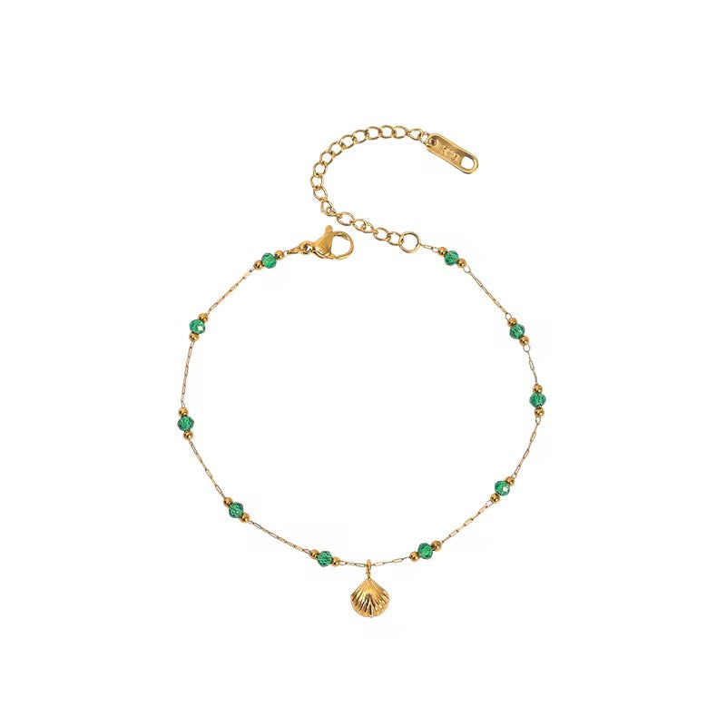 Gold Plated Green Beaded Seashell Anklet
