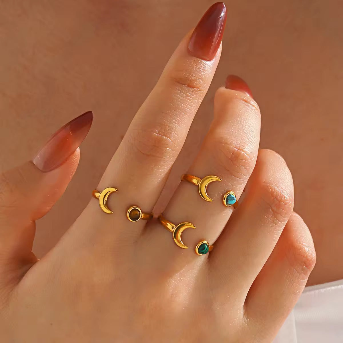 Gold Plated Crescent Moon and Turquoise Adjustable Ring