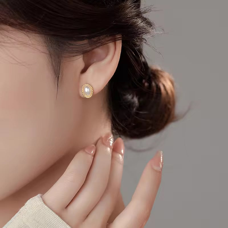 Gold Plated Oval Pearl Stud Earrings