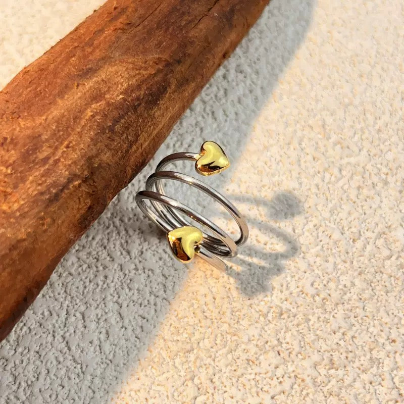 Spiral Double Heart Adjustable Stainless Steel Ring – Silver & Gold Finish