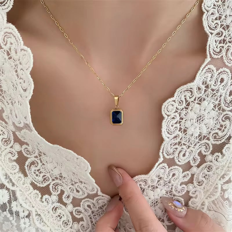 18K Gold Plated Blue Rectangle Pendant Necklace