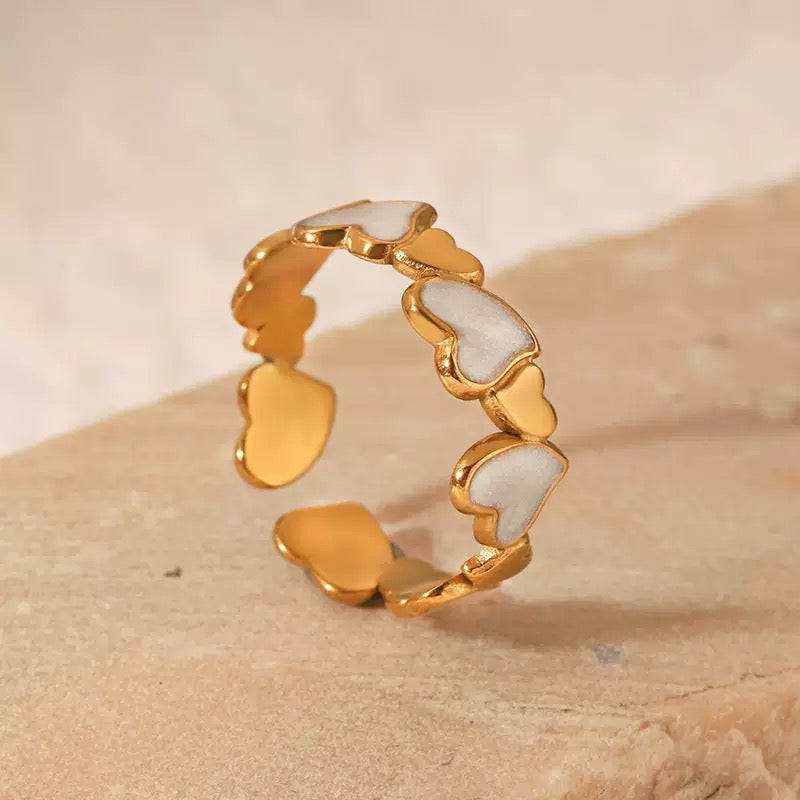18K Gold Plated White Enamel Heart Adjustable Ring