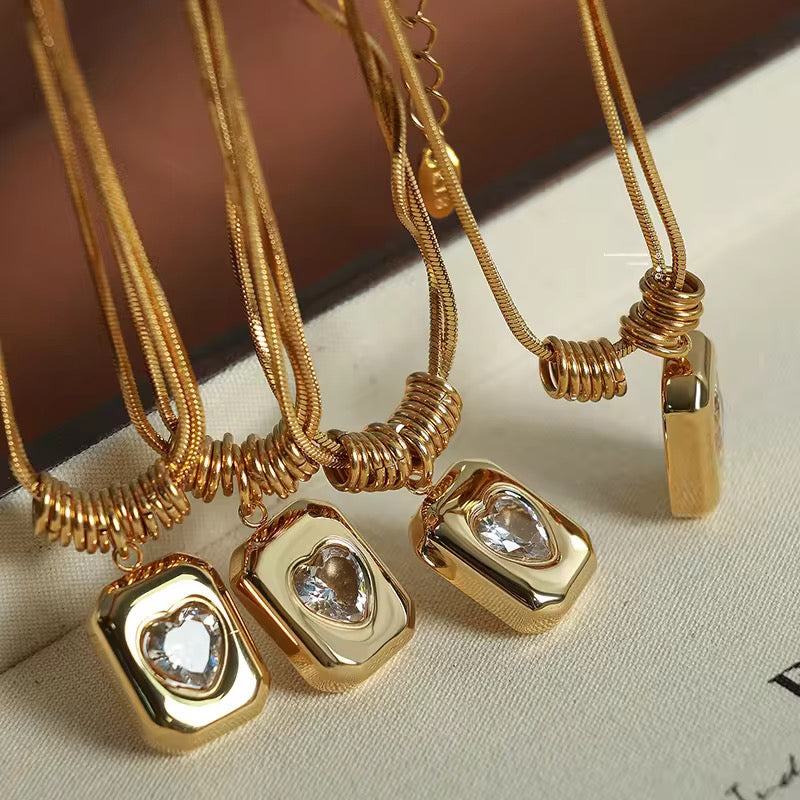 Gold-Tone Heart Crystal Pendant Snake Chain Necklace