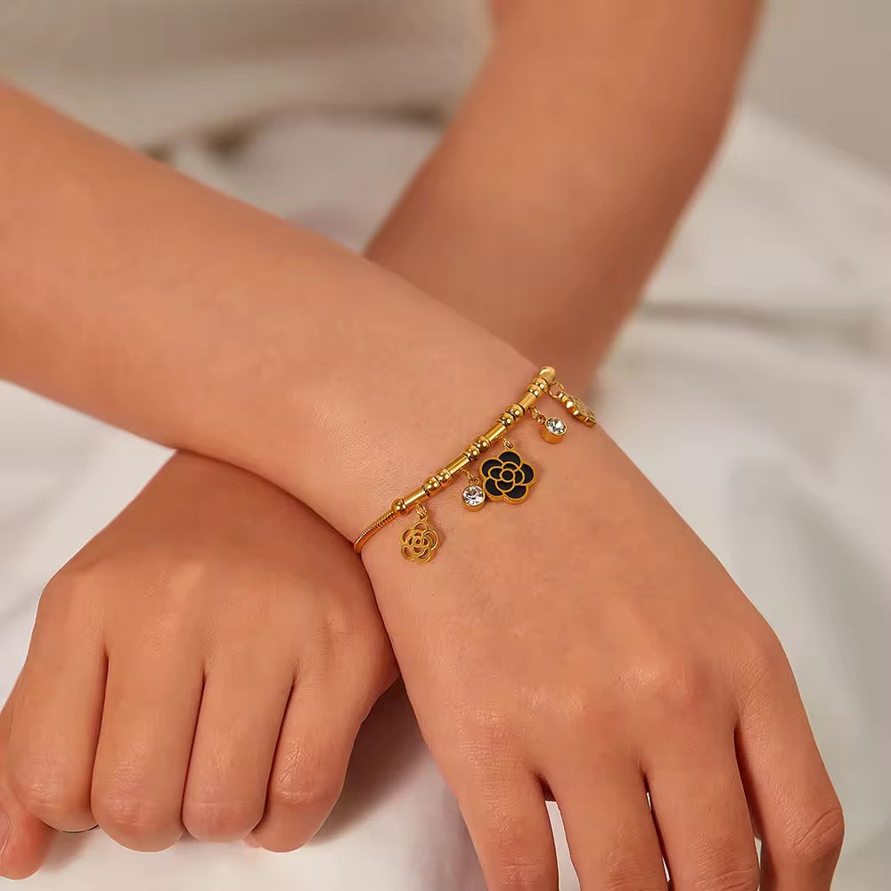 18K Gold Plated Black Flower Charm Snake Chain Bracelet