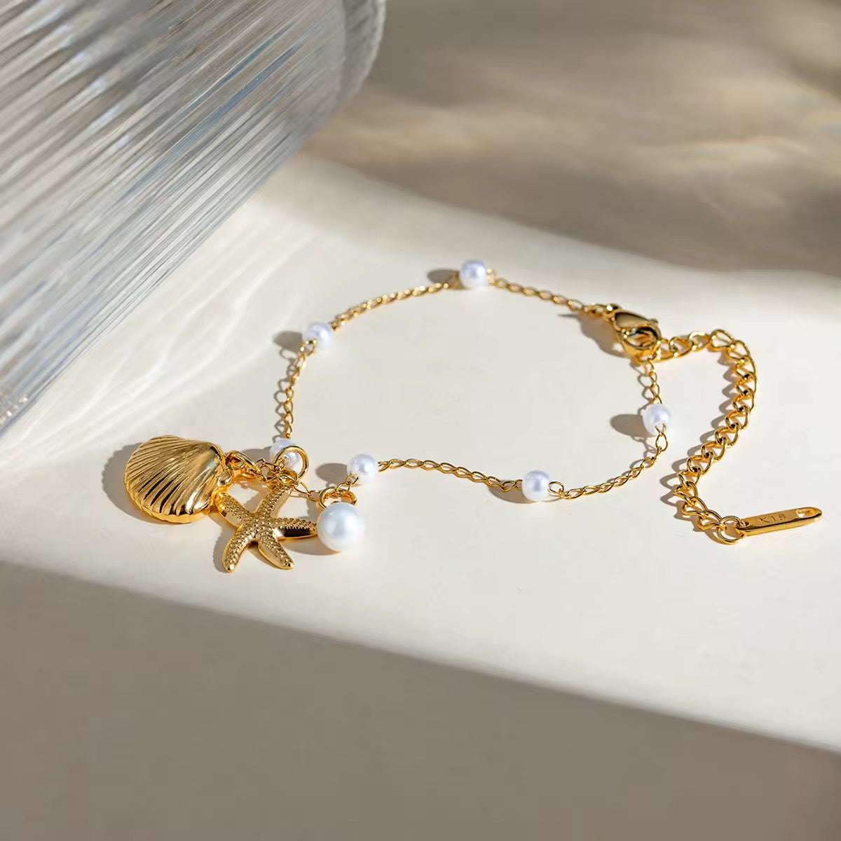 Gold Plated Seashell & Starfish Charm Anklet