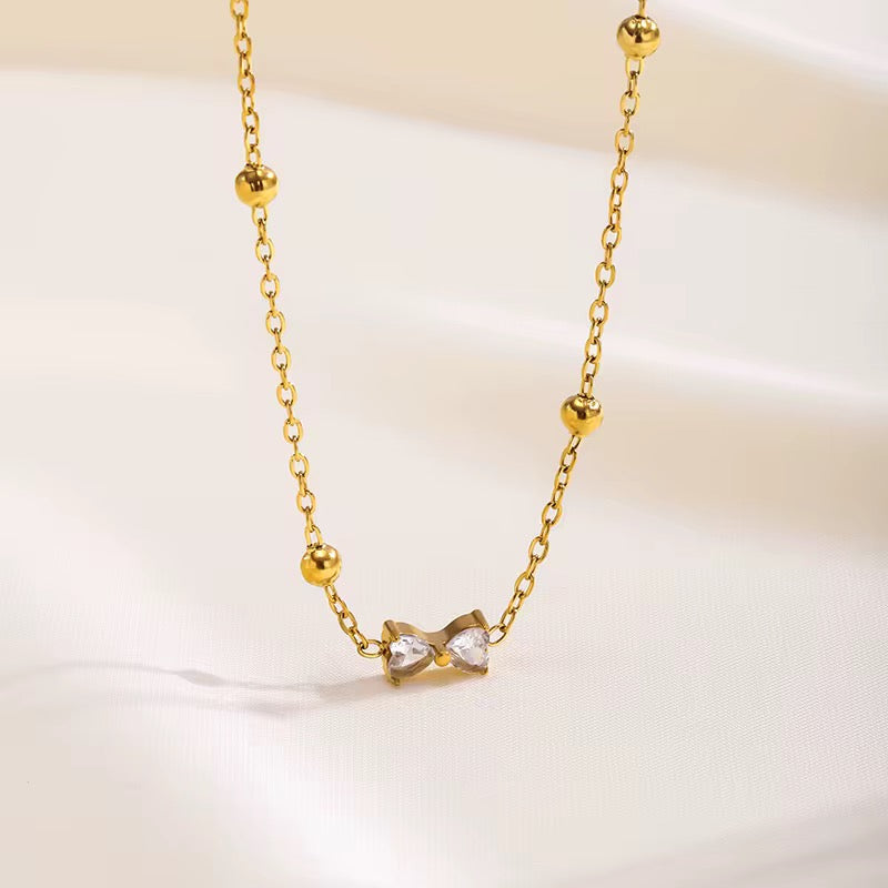 18K Gold Plated Bow & Bead Station Necklace