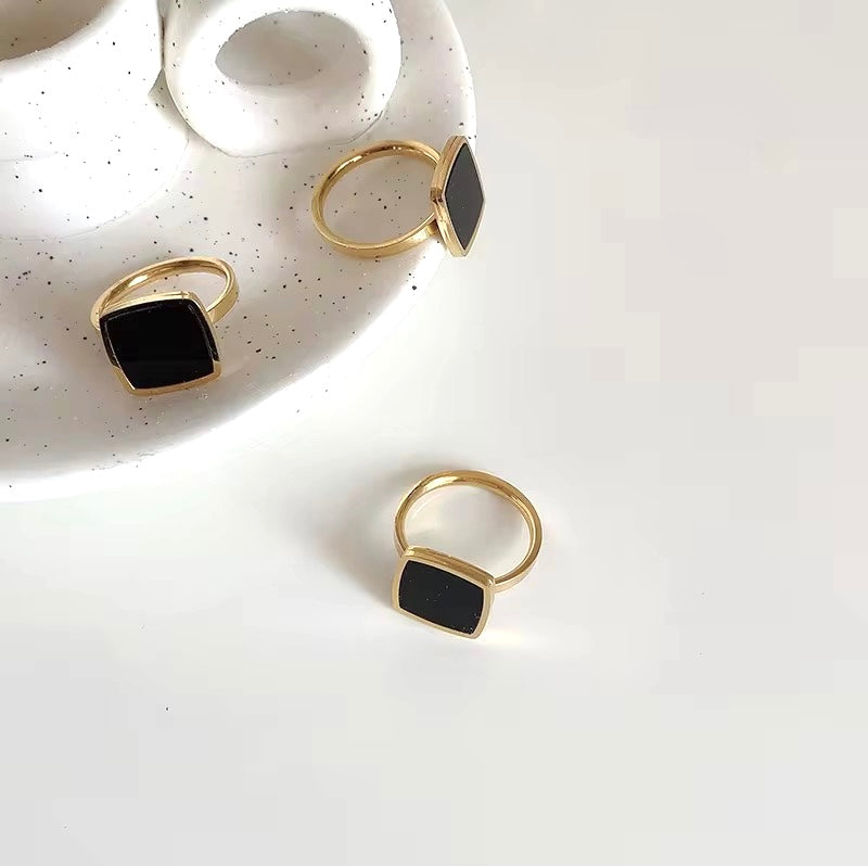 Classic Square Black Stone Adjustable Gold Plated Ring