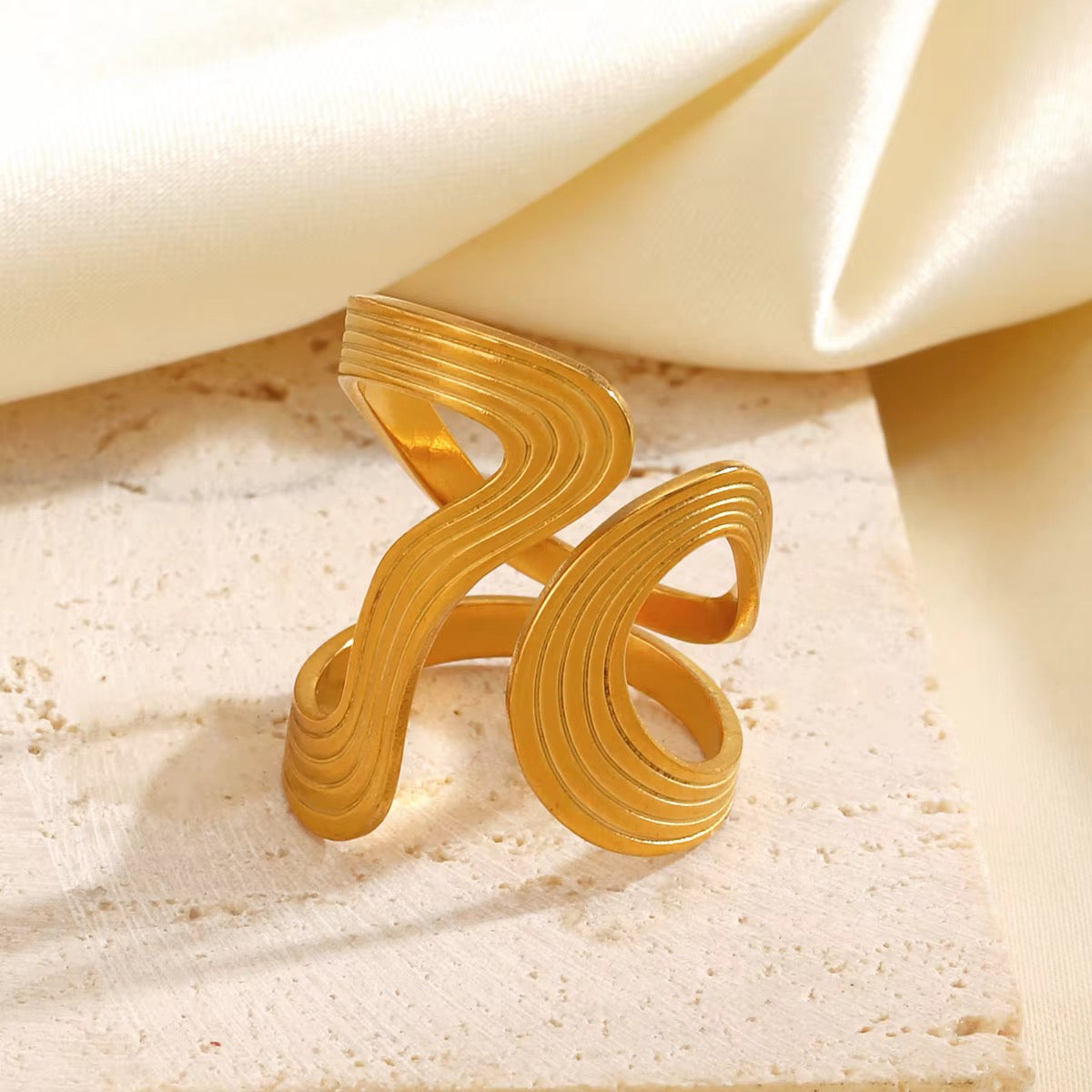 Ribbon Wave Textured Adjustable Statement Ring