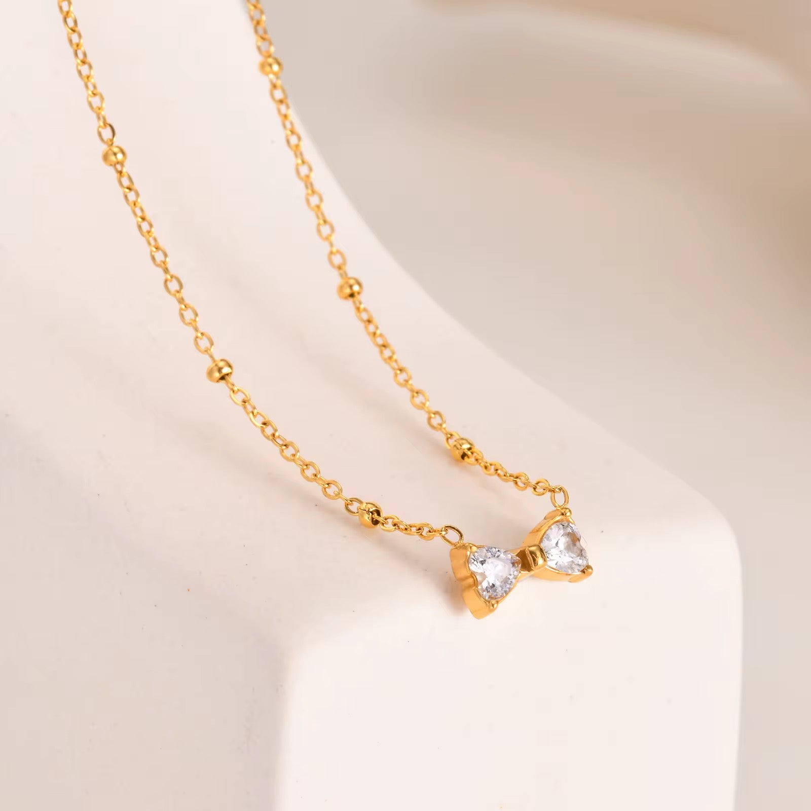18K Gold Plated Bow & Bead Station Necklace