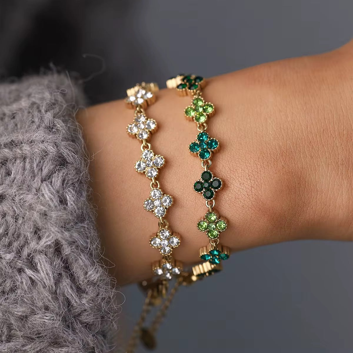 18K Gold Plated Green Crystal Flower Link Bracelet
