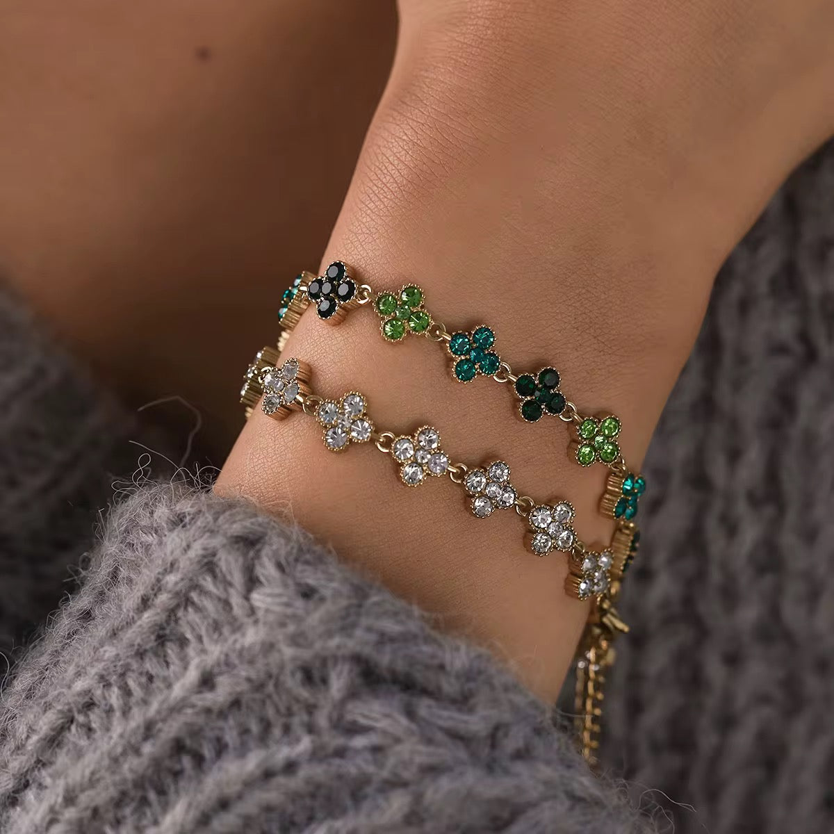 18K Gold Plated Green Crystal Flower Link Bracelet