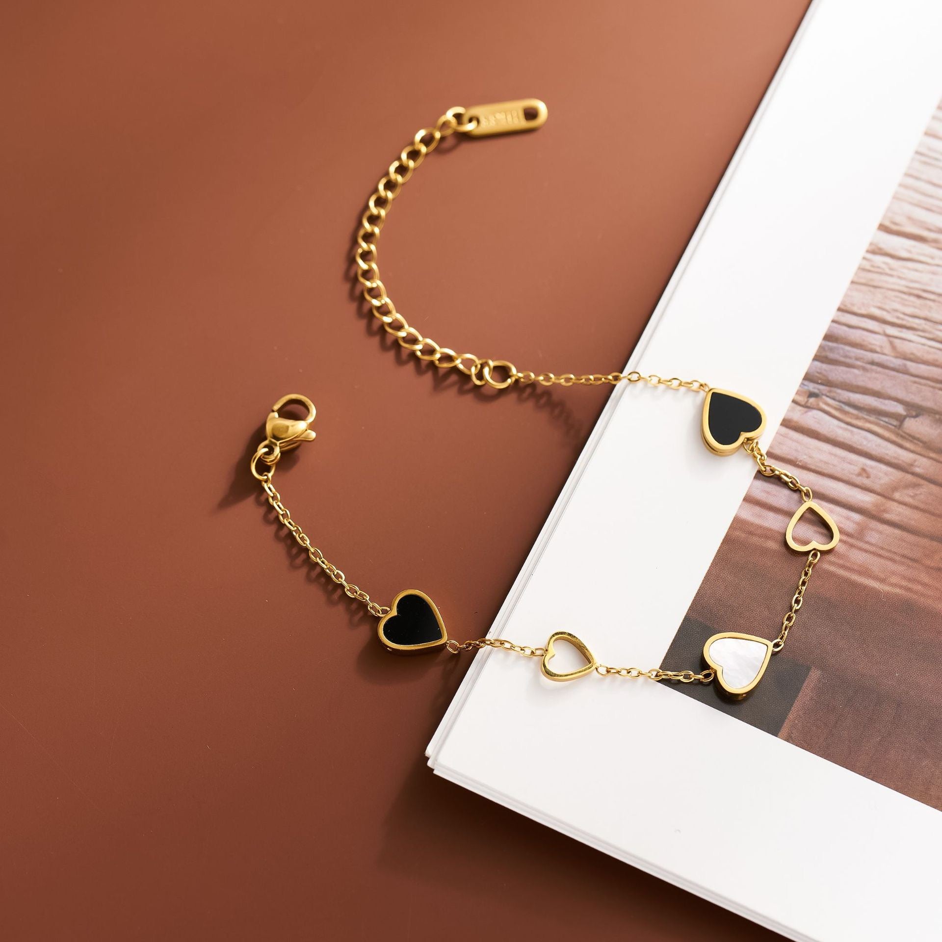 Black and White Heart Gold plated minimal Bracelet