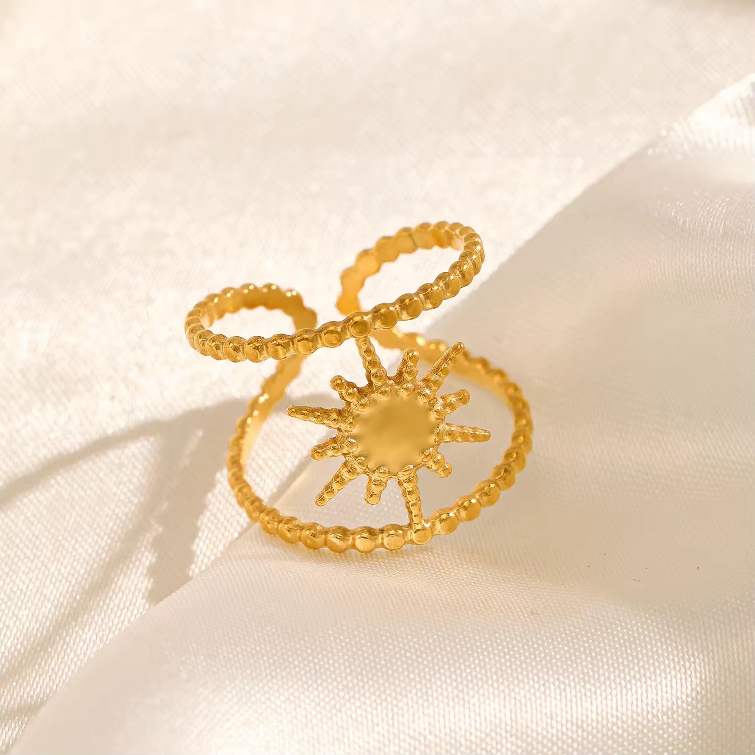 18K Gold Plated Sunburst Beaded Adjustable Ring