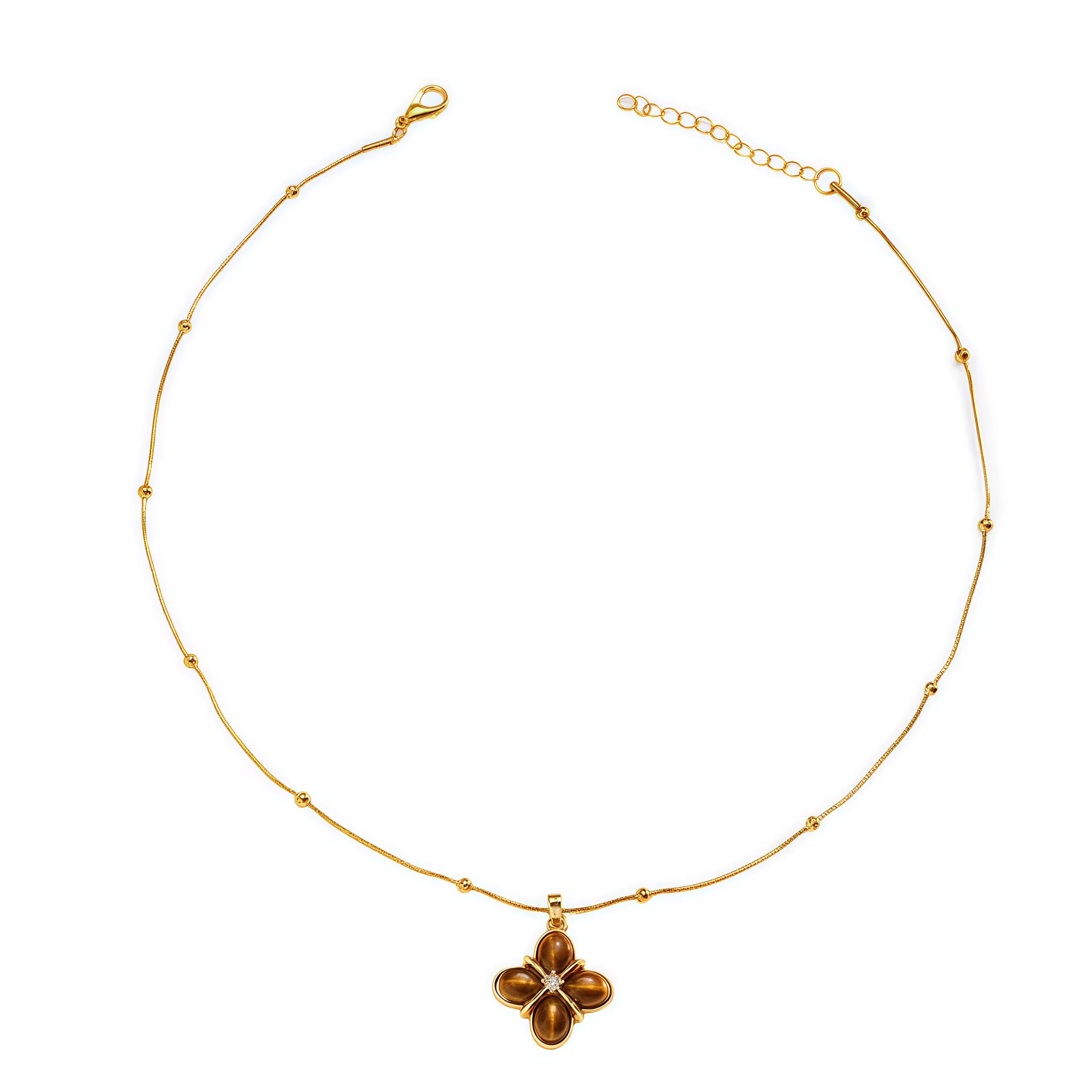Gold Tone Brown Flower Pendant Necklace
