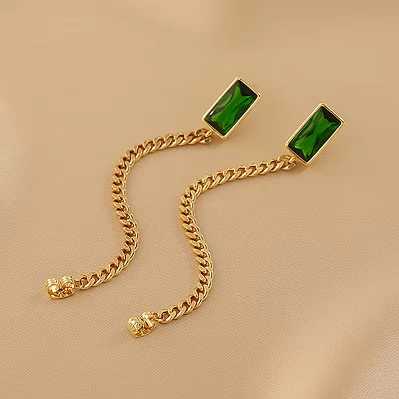 Green Crystal Long Chained Earrings
