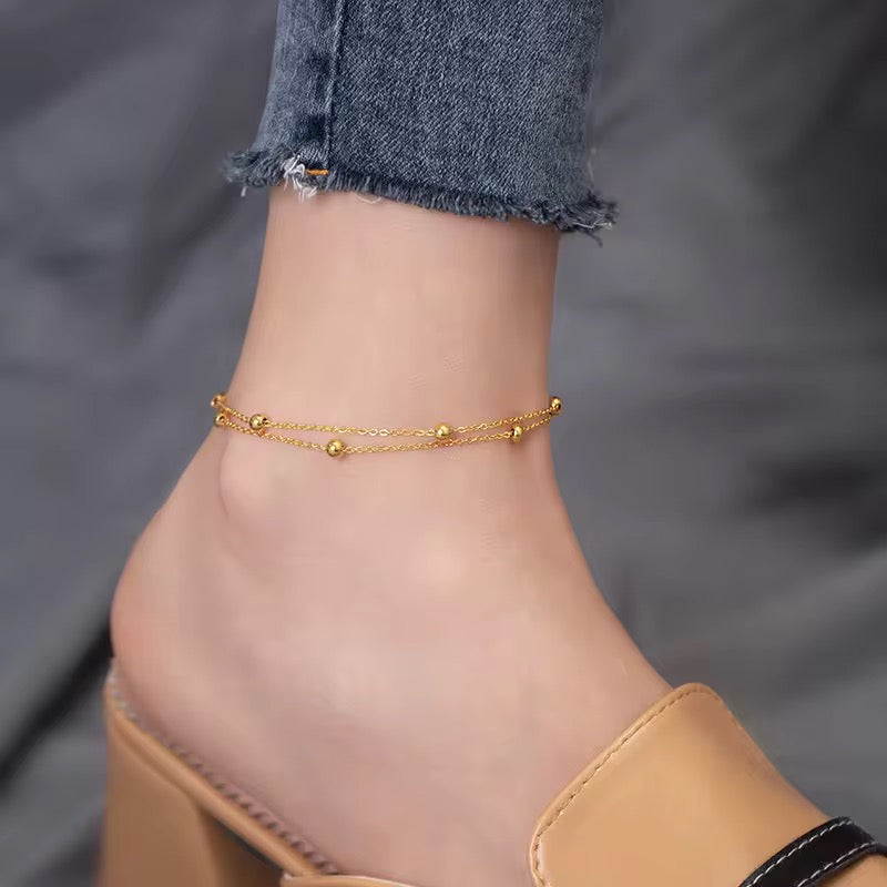 Double Layered Golden Balls Studded Anklets
