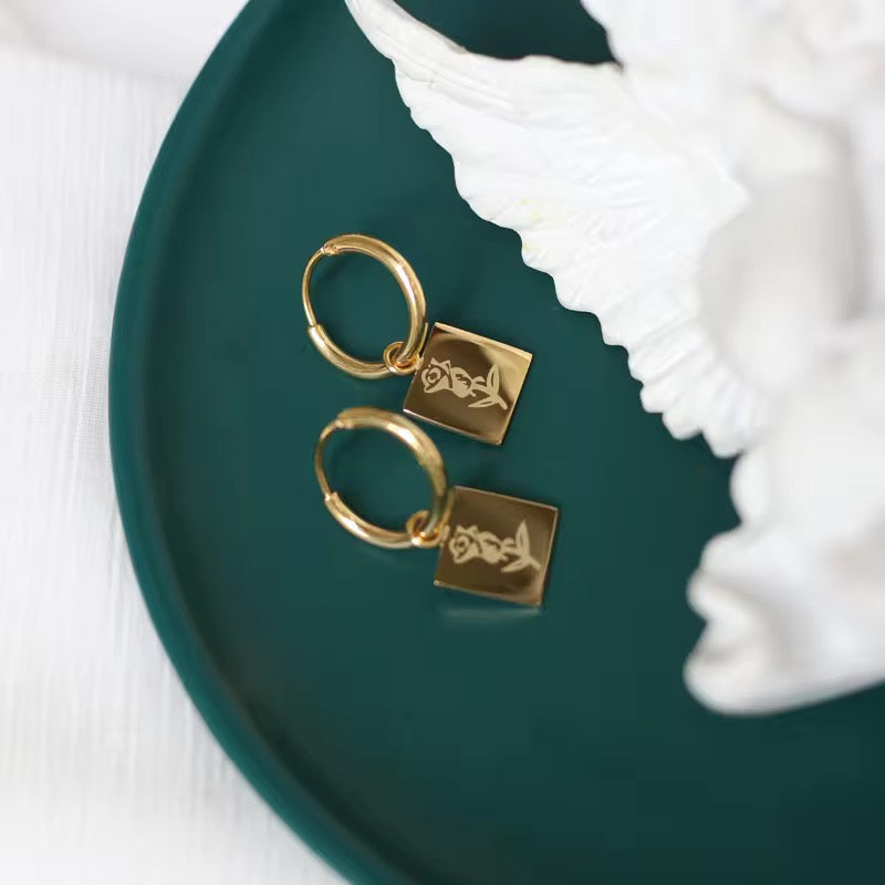 Gold Plated Square Charm Hoop Earrings