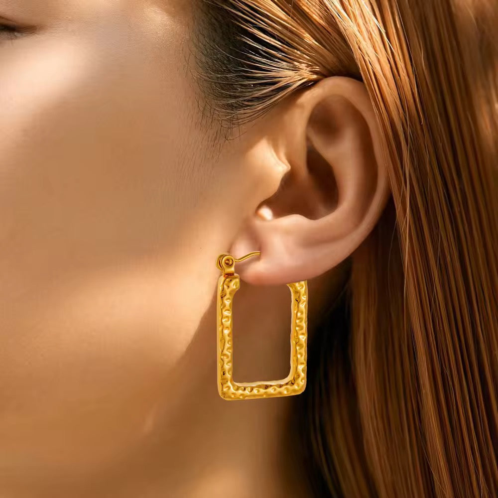 Gold Plated Hammered Rectangle Hoop Earrings