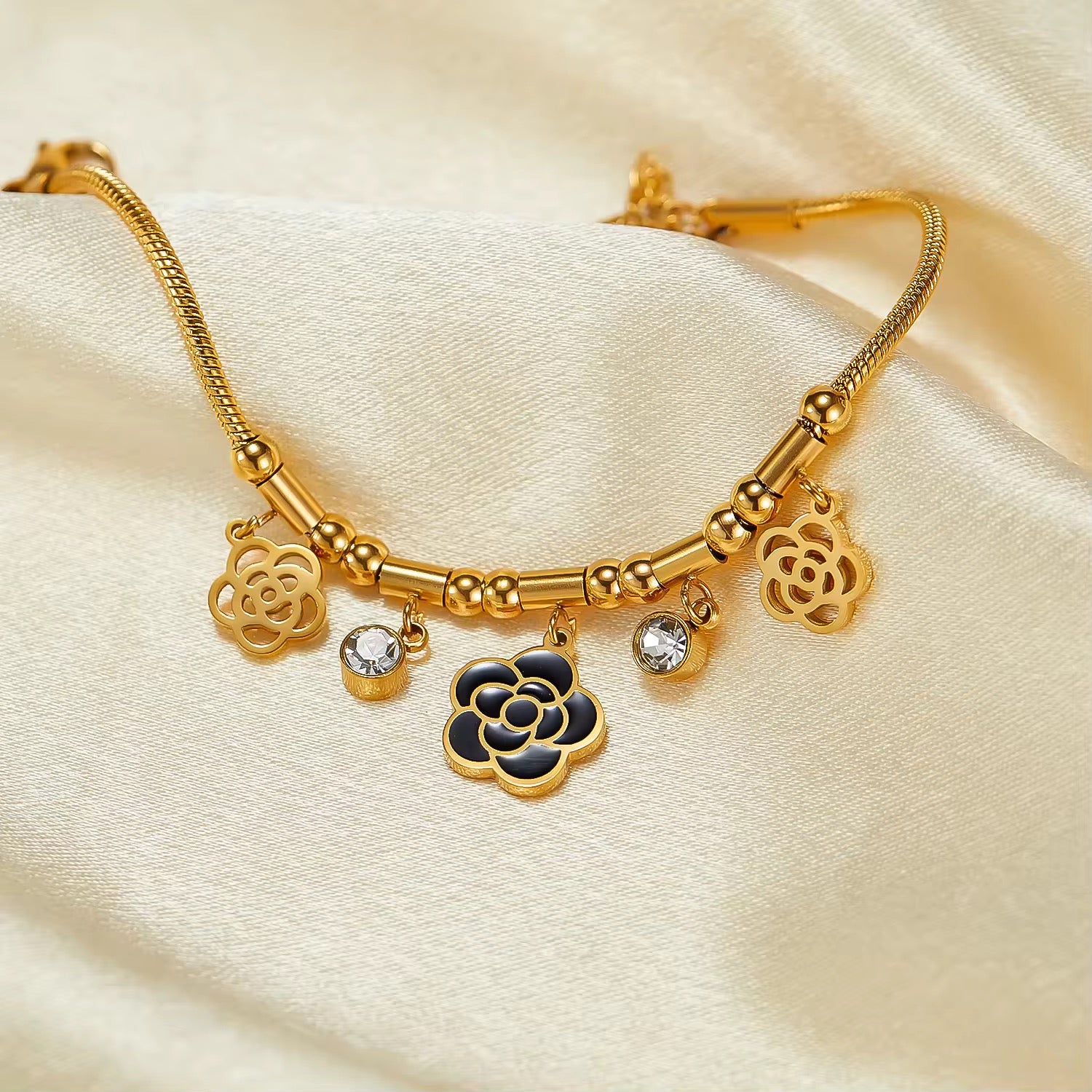 18K Gold Plated Black Flower Charm Snake Chain Bracelet