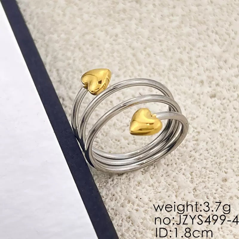Spiral Double Heart Adjustable Stainless Steel Ring – Silver & Gold Finish