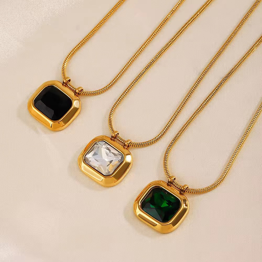 Gold Plated Black Crystal Square Pendant Necklace