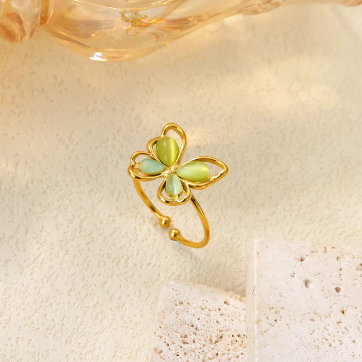 18K Gold Plated Green Butterfly Adjustable Ring