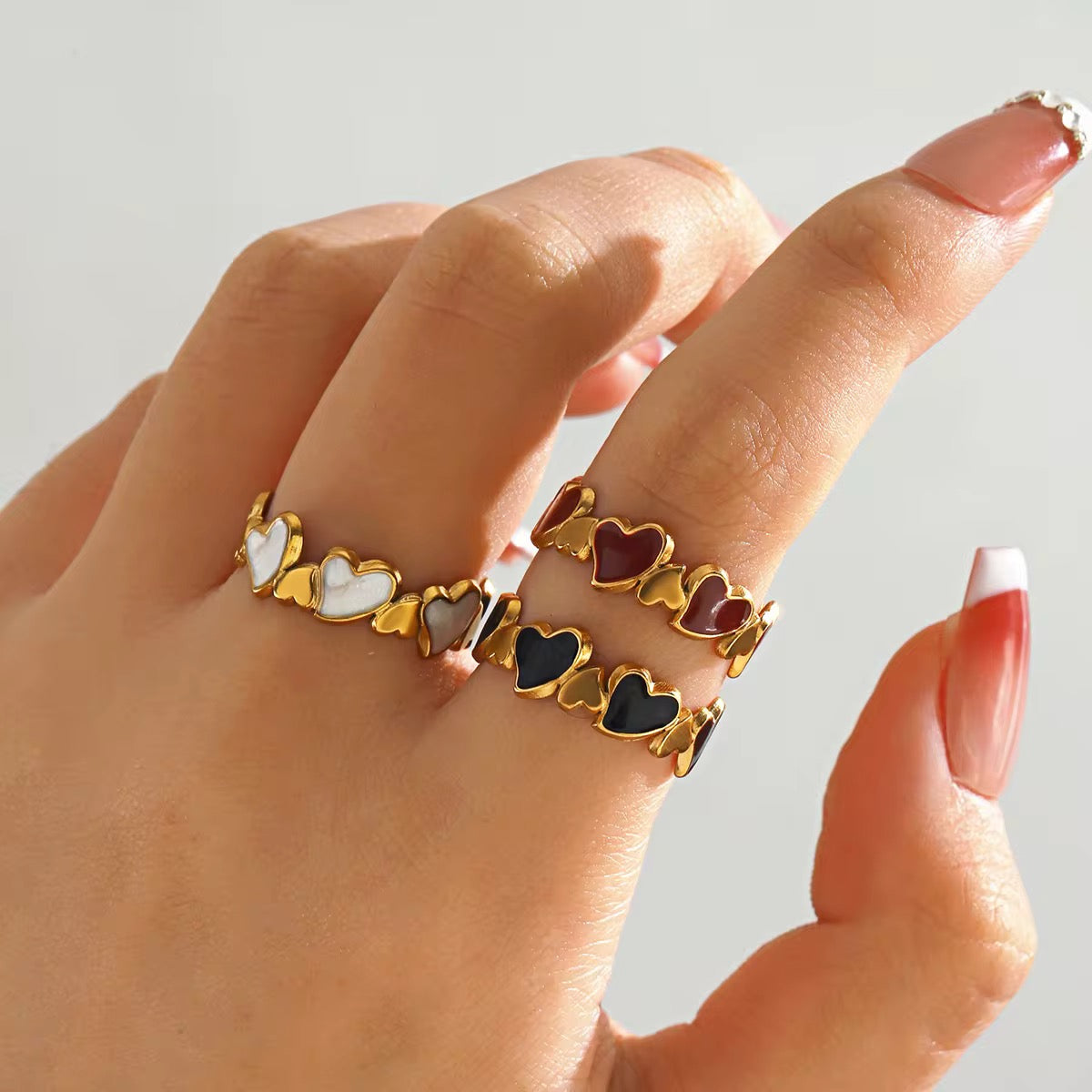 18K Gold Plated Black Enamel Heart Adjustable Ring