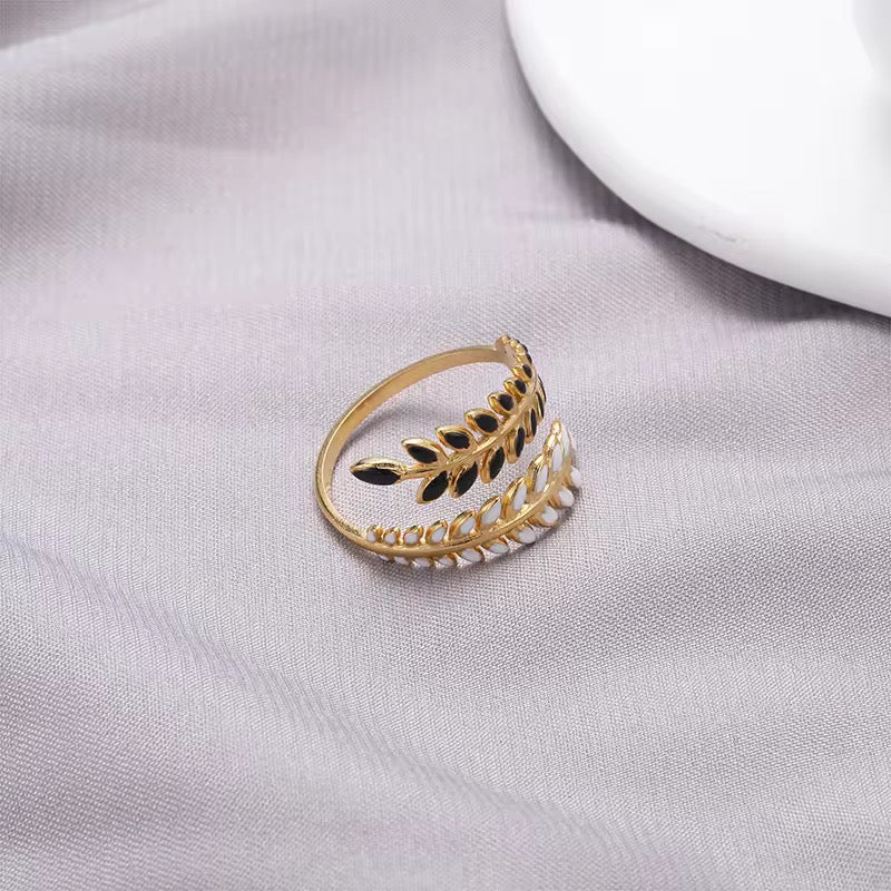 Gold Plated Black and White Enamel Leaf Wrap Ring