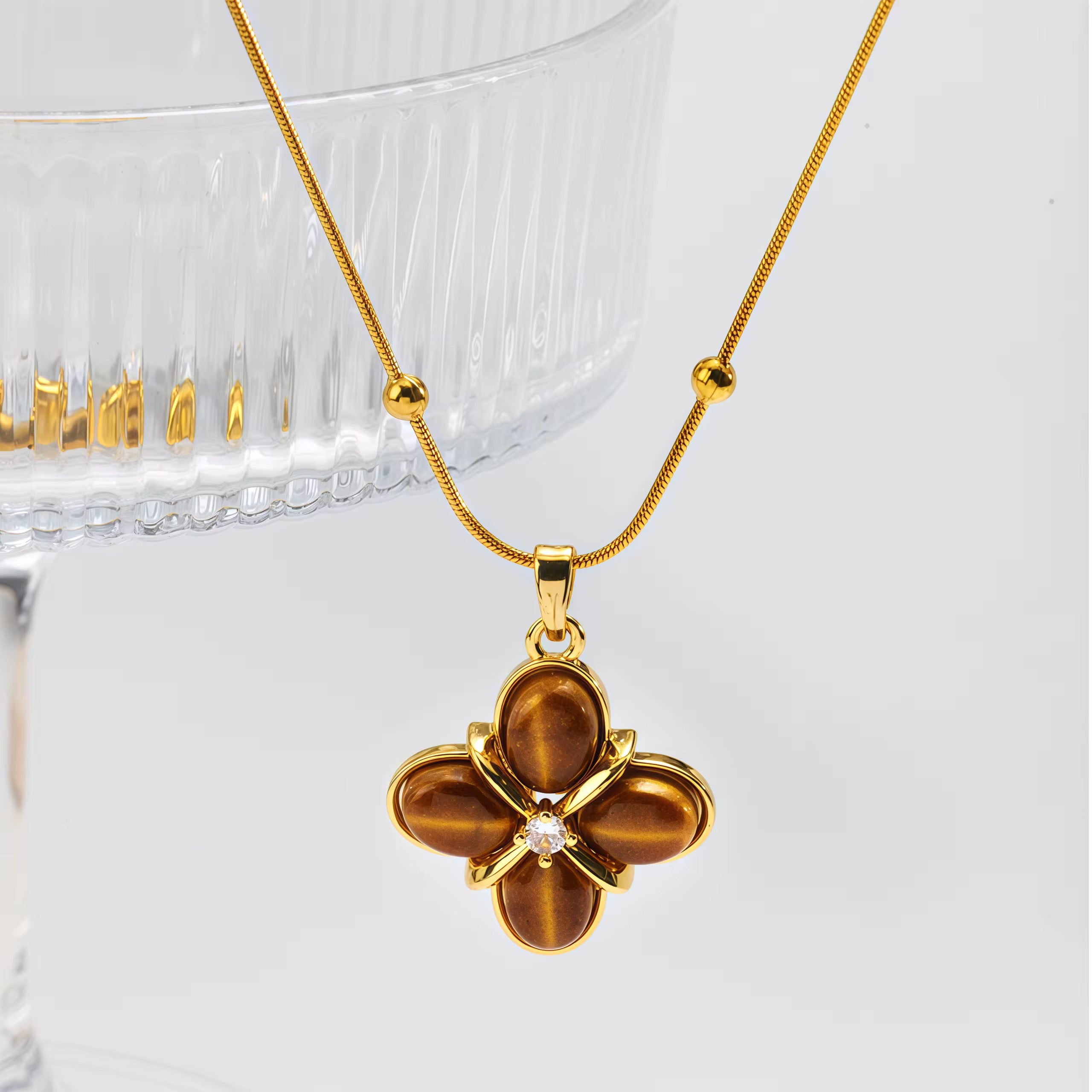 Gold Tone Brown Flower Pendant Necklace