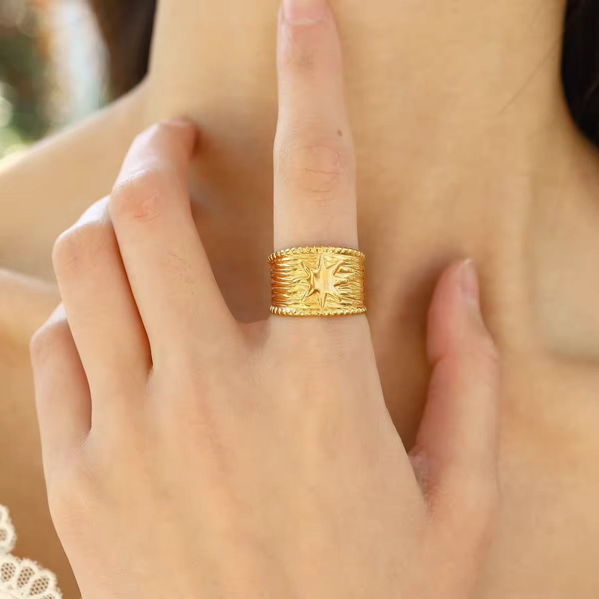 Radiant Starburst Adjustable Stainless Steel Ring – Gold Finish