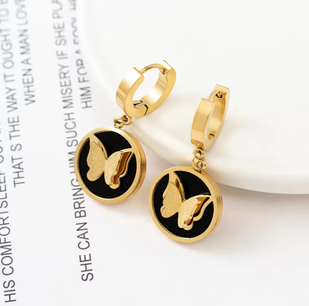 Beautiful Black and Gold Butterfly Charm Earrings
