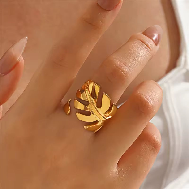 18K Gold Plated Tropical Leaf Adjustable Ring