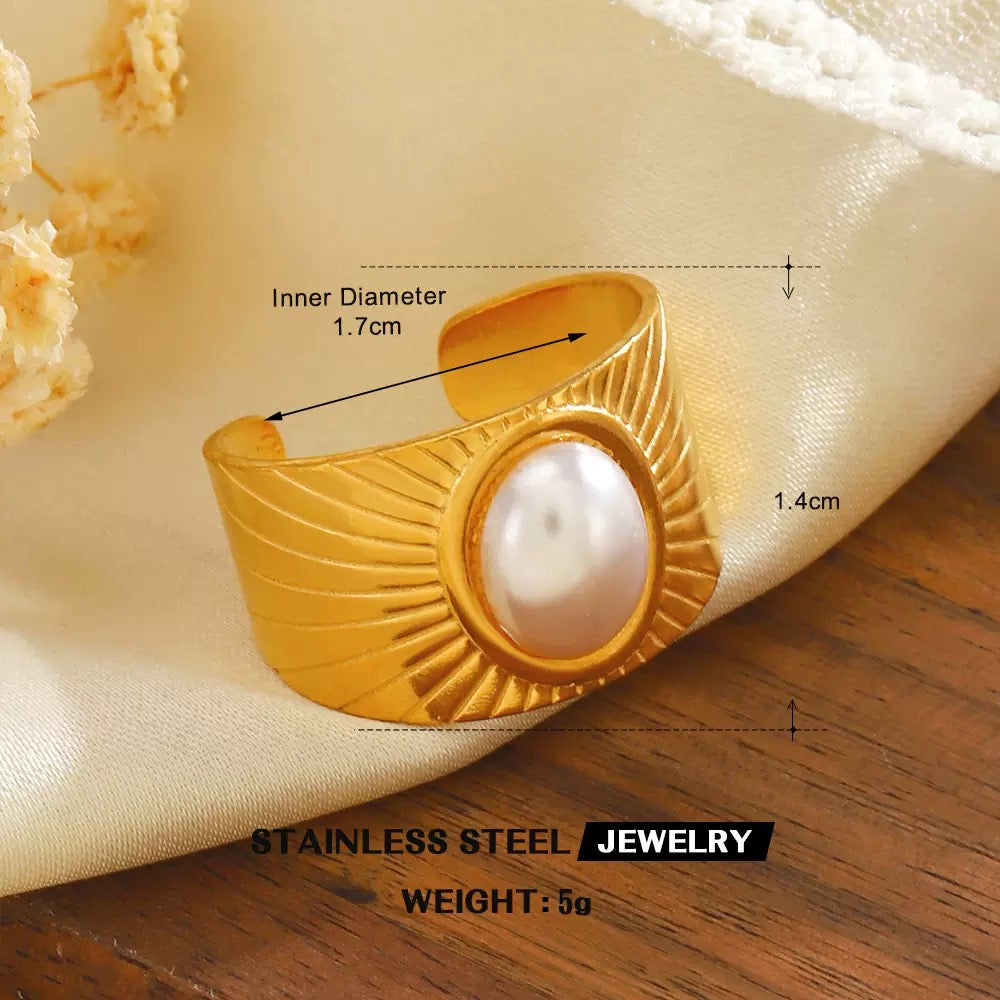Gold Plated Sunburst Pearl Signet Ring