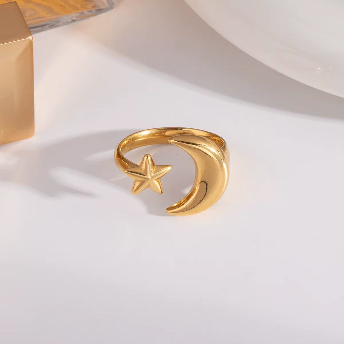 Celestial Crescent Moon & Star Open Ring