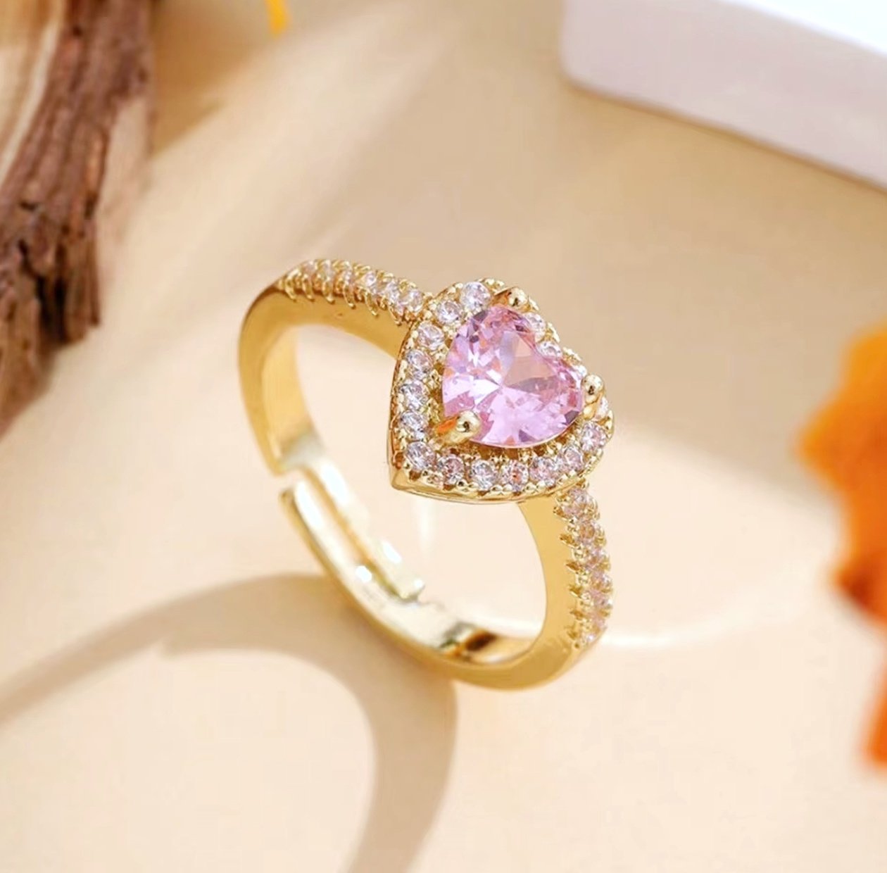 Pink Heart Stone Gold Plated Adjustable Ring