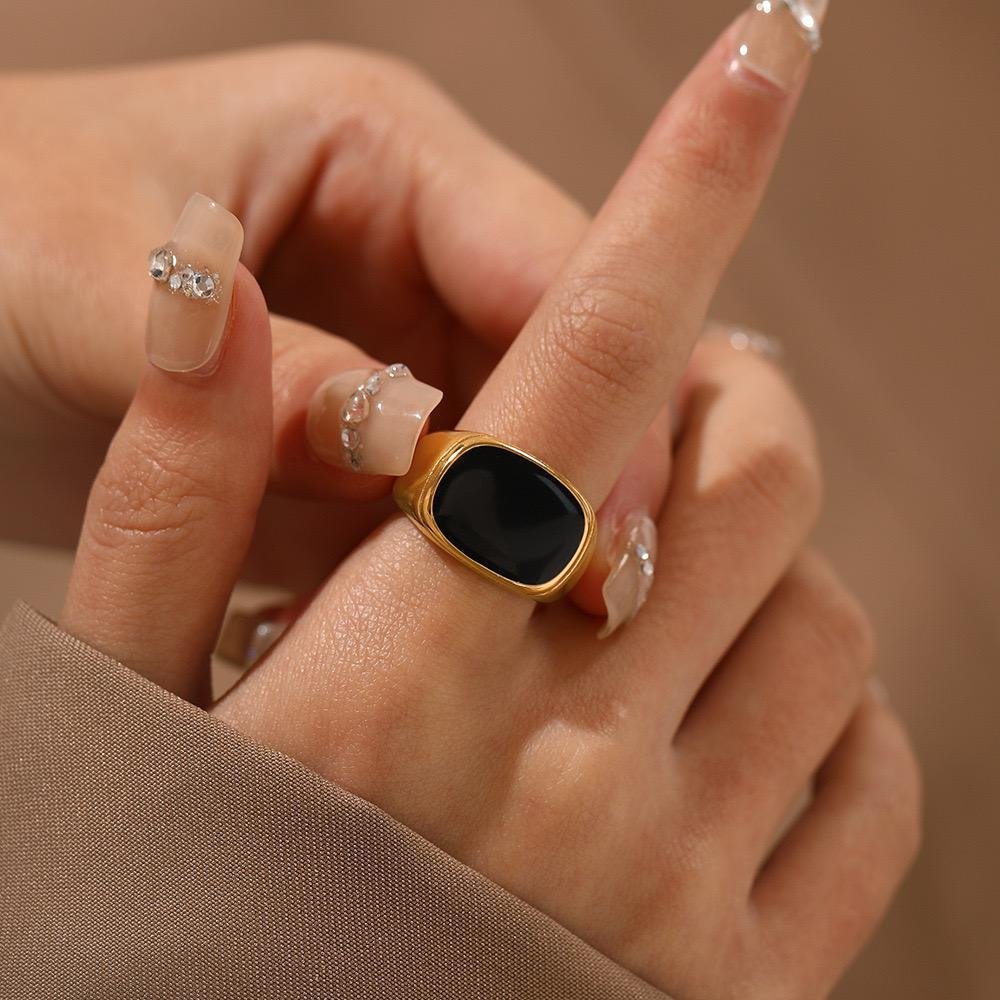 Classic Gold Plated Signet Ring with Black Onyx Inlay