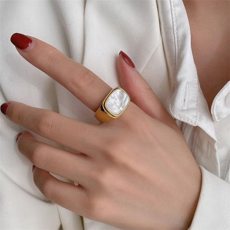 Classic Gold Plated Signet Ring with white Stone Inlay