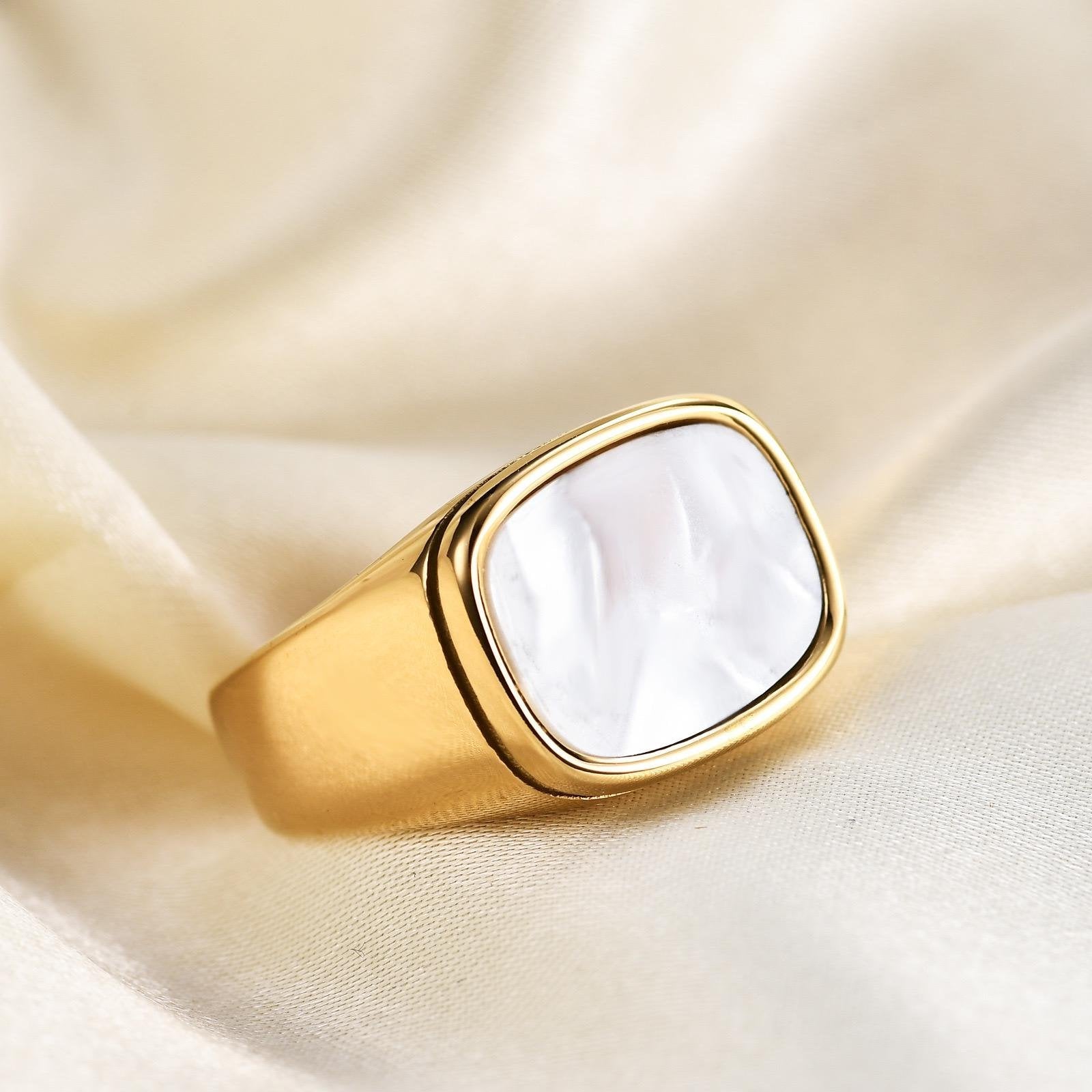 Classic Gold Plated Signet Ring with white Stone Inlay