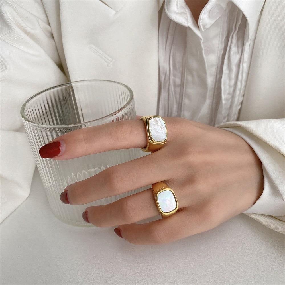 Classic Gold Plated Signet Ring with white Stone Inlay