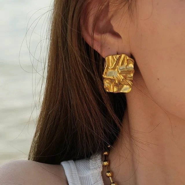 Gold Plated Wriknled Paper Patern Earrings