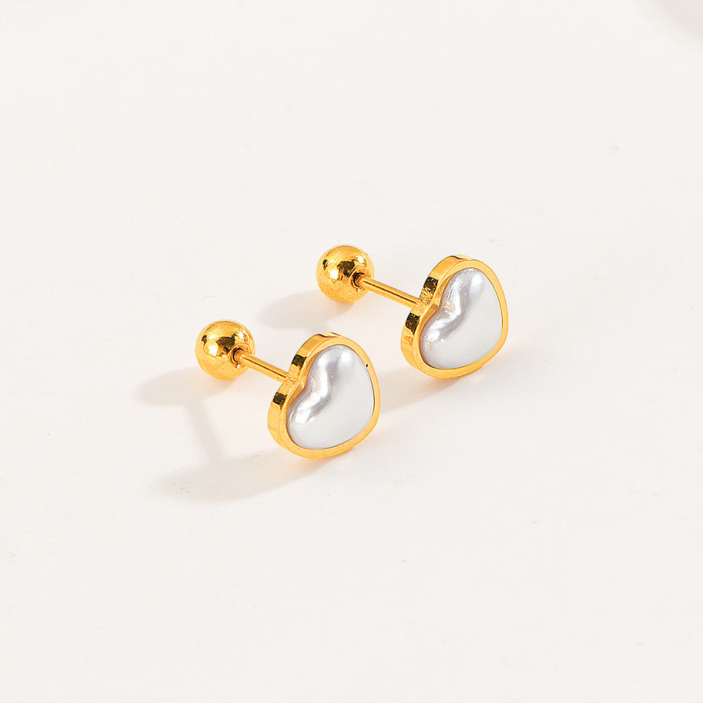 Gold Plated Heart-Shaped Pearl Inlay Stud Earrings