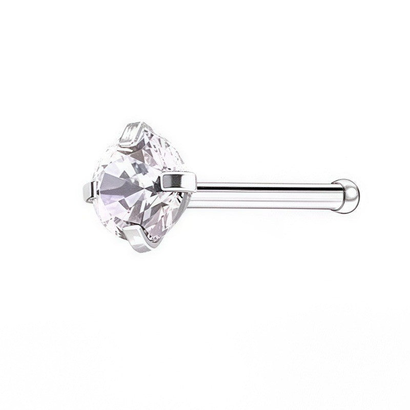 Stainless steel straight-bar nose stud with a round clear crystal, 2mm