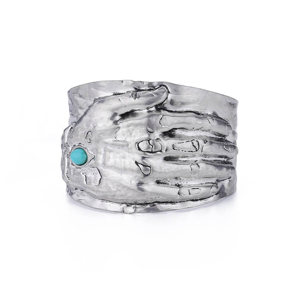 Unique Stainless Steel Hand Cuff Bracelet with Red Accent Stone