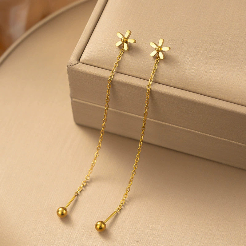 Gold Plated Dainty Flower Long Chain Drop Earrings