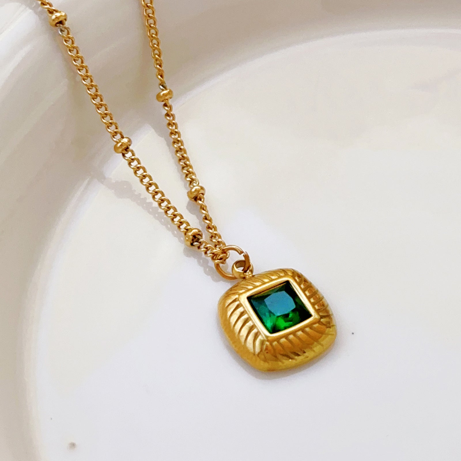 Gold-Tone Emerald Square Pendant Necklace