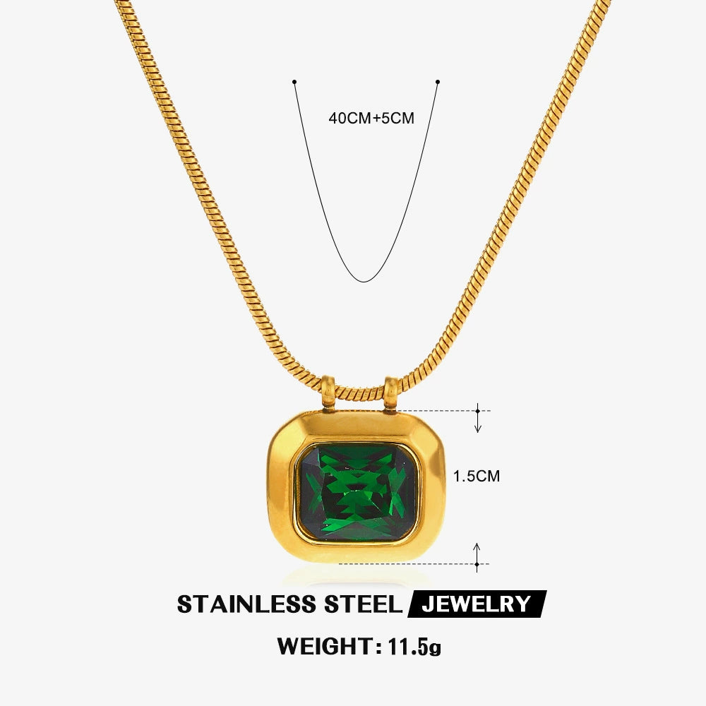 Gold Plated Emerald Green Square Pendant Necklace