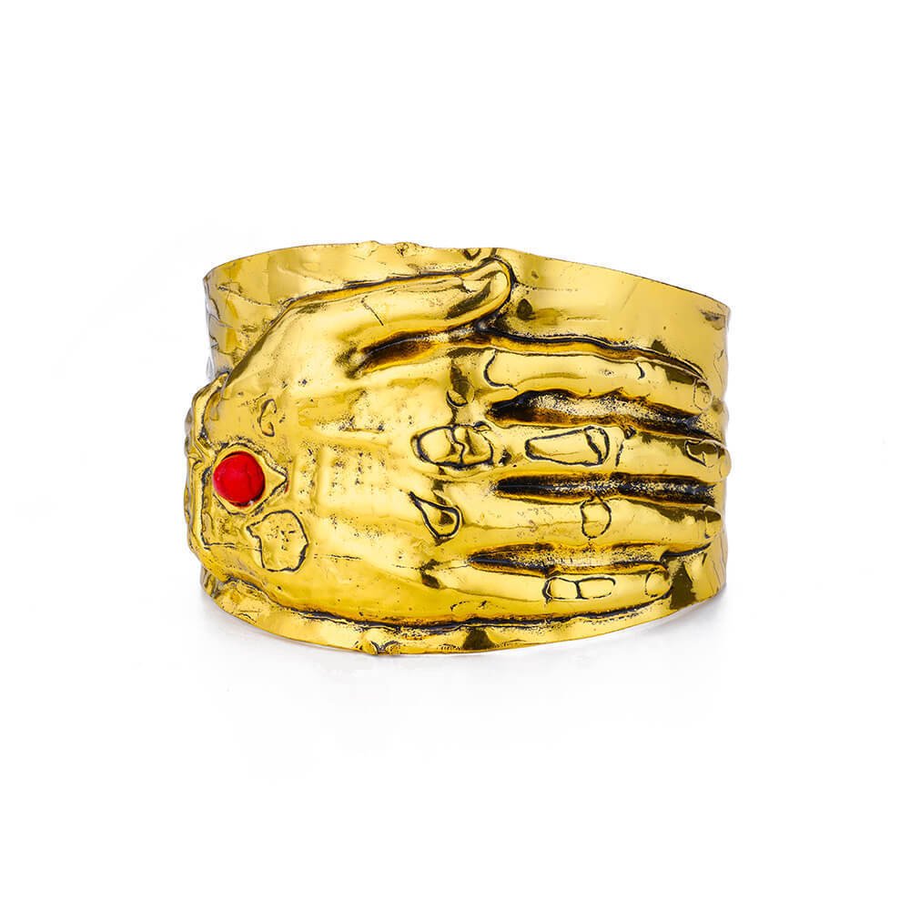 Unique Gold Plated Hand Cuff Bracelet with Red Accent Stone