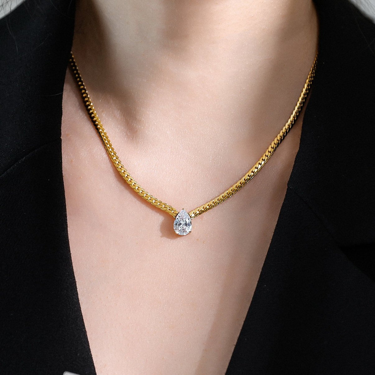 Luxury Gold Plated Chain Necklace with Pear Cut Crystal – CLARA