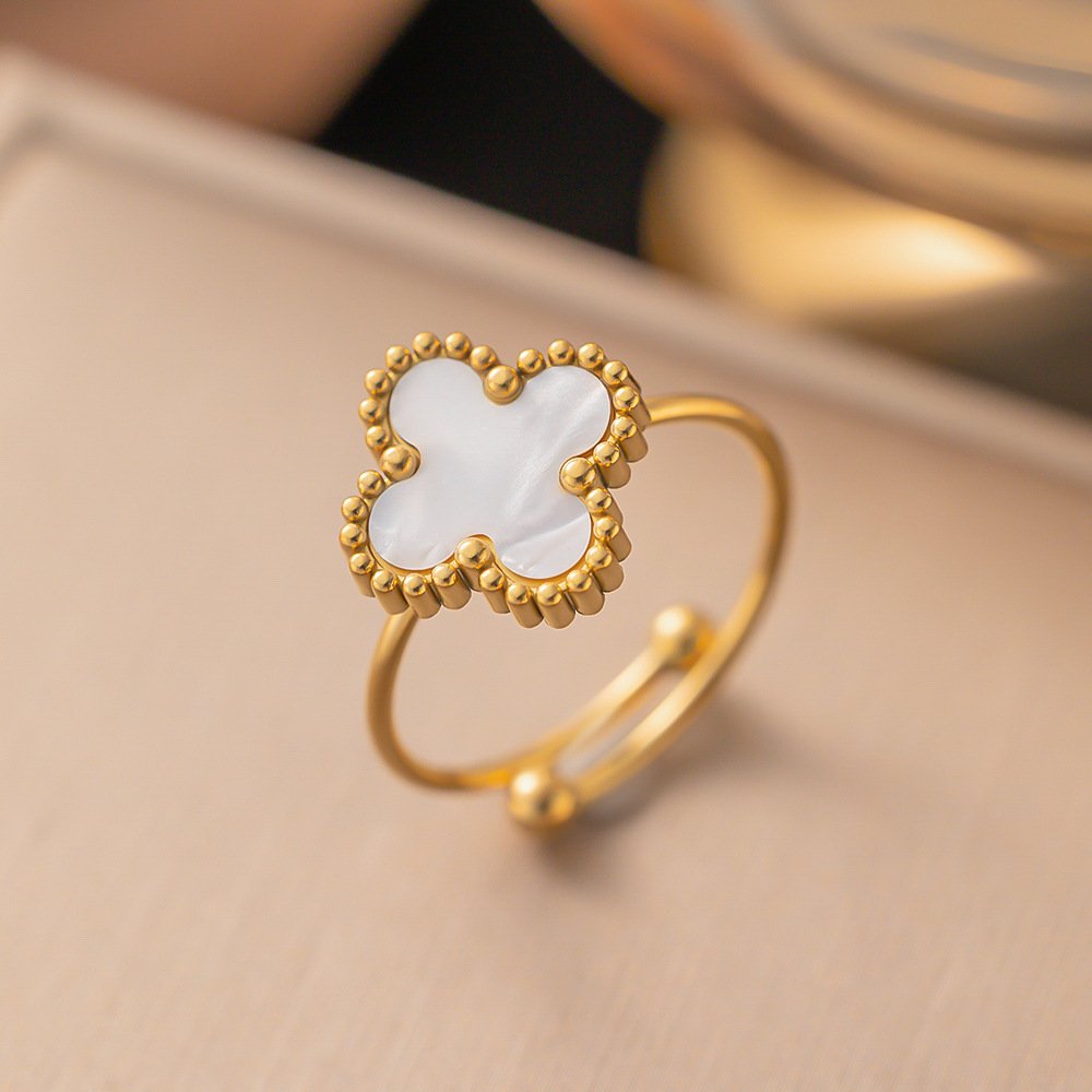 Gold-Plated Adjustable Clover Ring - White