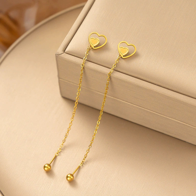 Gold Plated Double Heart Long Chain Drop Earrings
